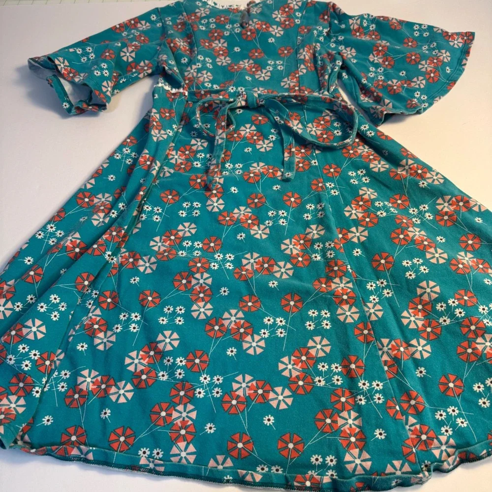 Llum Girls Teal Blue Floral Bell Sleeve Lace Trim Knit Dress Size 10
